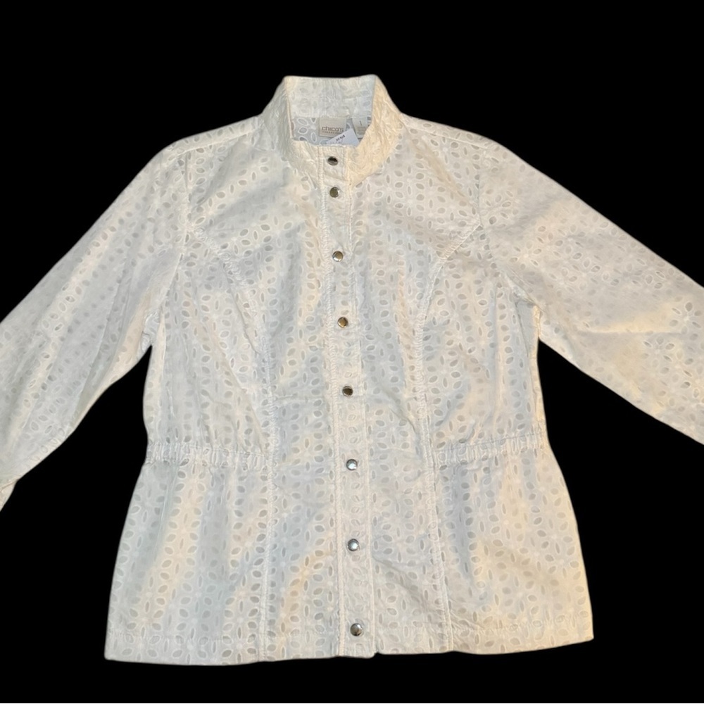 Chico’s White Eyelet Jacket Lightweight Snap Front Size Chico’s 1 US M - Picture 11 of 11